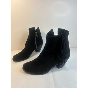 SAM EDELMAN Louie Ankle Boot Black Suede Western Fringe, Zip, Women's Size 9.5